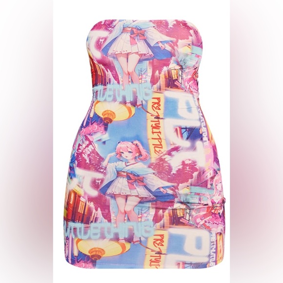 PrettyLittleThing Dresses & Skirts - Multi Anime Printed Bandeau Bodycon Dress